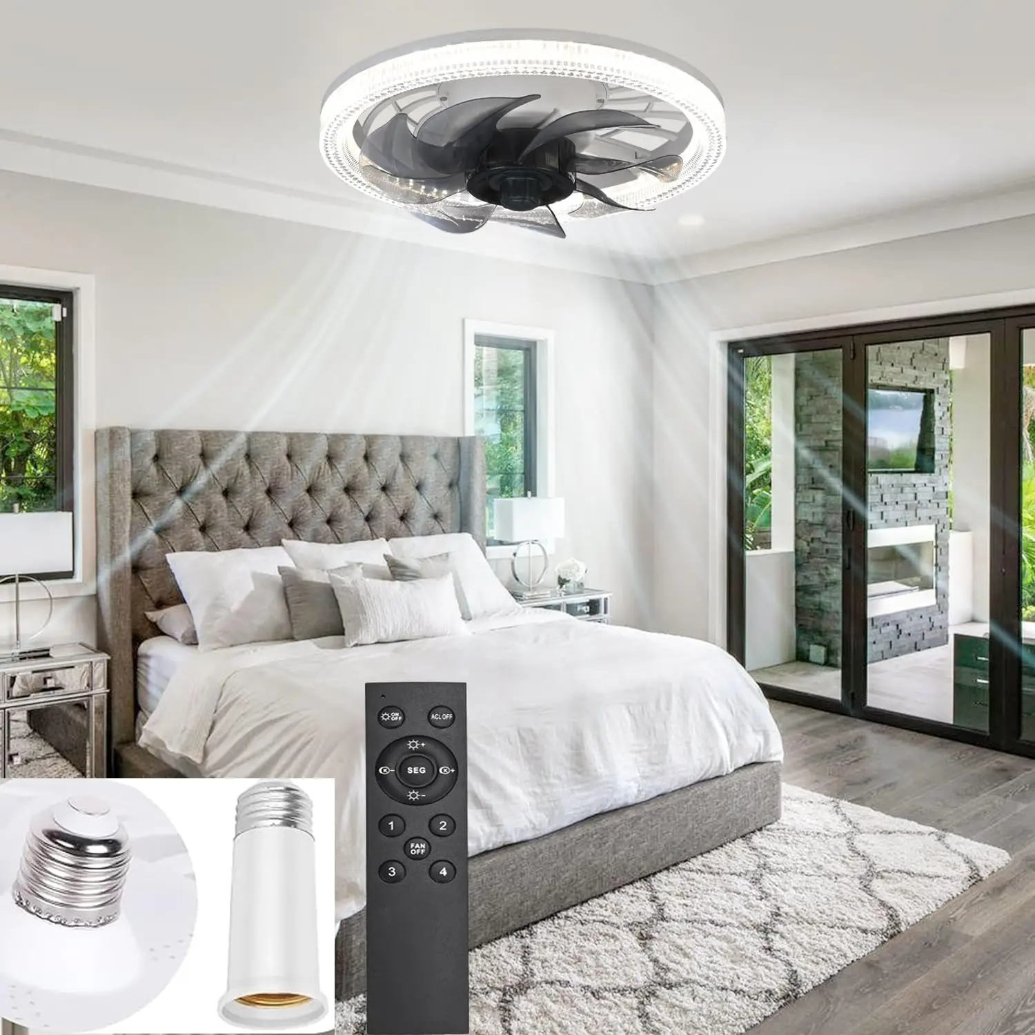 JLPAN Ceiling Fans with Lights and Remote Dimmable Small Modern Fan Light, Low Profile 12inch Ceiling Fans Lights for Bedroom, Kitchen, Dining Room ce