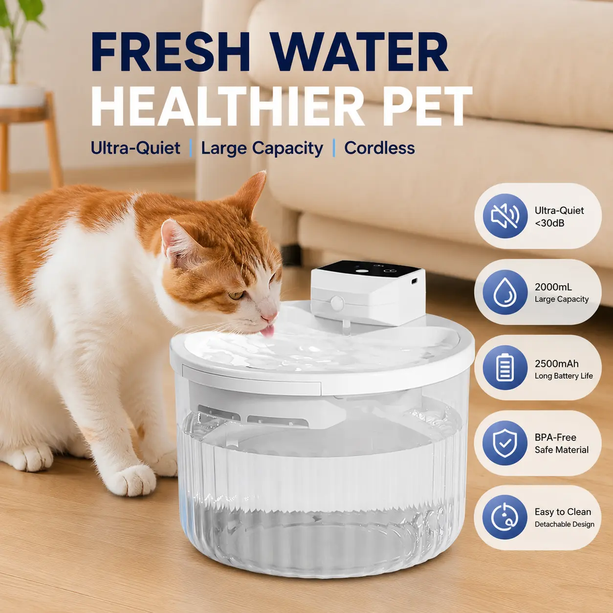 Wireless Cat Water Fountain, 2L Automatic Pet Water Dispenser with Motion Sensor, Ultra Quiet Cordless Cat Drinking Fountain, Rechargeable Pet Fountain with Filter for Cats & Small Dogs