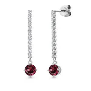 14K White Gold Red Rhodolite Garnet and White Lab Grown Diamond Long Liner Dangle Earrings for Women | 1.56 Cttw | Gemstone January Birthstone | Round 5MM | White Gold Chain Drop Earrings