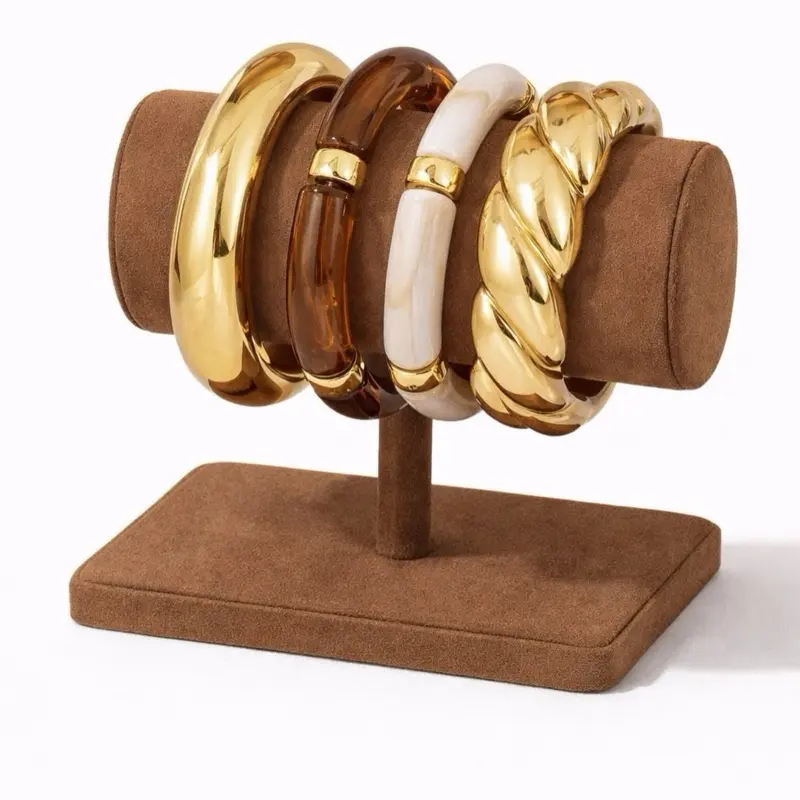 4pcs Vintage Minimalist Elegant Resin Acrylic Brown Elastic Bracelet and Bangle Set, Gold-Stripe Smooth Open Cuff