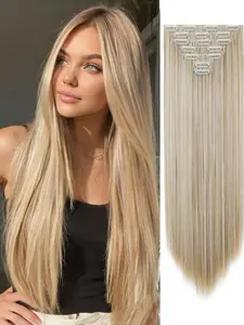 24 Inch 7-Piece Long Straight Clip-In Hair Extensions, Gold//, Increase Volume, Synthetic, Suitable for Women and Girls