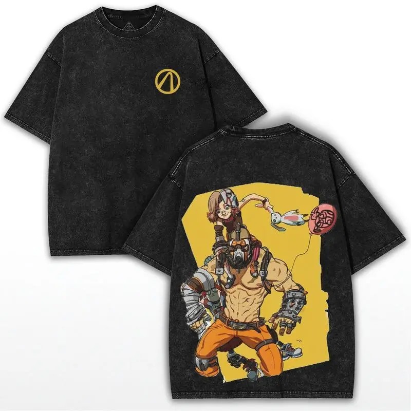 Men's Borderlands Game Universe Vault Hunter Chaos Mode Heavy Cotton Washed Oversized Round Neck Short-Sleeve T-Shirt - Unisex Collector Gamer Streetwear, Digital Print, 3XL/5XL, Menswear, Fabric, Children's Day Casual Top