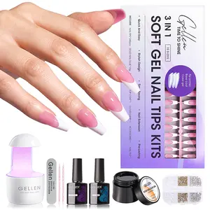 Gellen Soft Gel Nail Tips and Gel Glue Kit - Pink Long Coffin Press on Nails French Tip Gel Nail Kit, Included Press on Nail Glue and Gel Top Base Coat, Nail UV Lamp Extension Kit, 15 Sizes