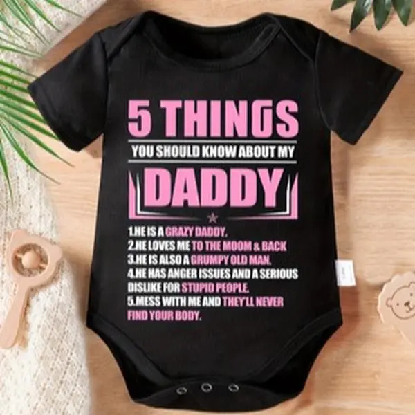 Baby "5 Things You Should Know About My Dad..." Printed triangular jumpsuits, casual short-sleeved jumpsuits, summer outdoor jumpsuits for toddlers and baby girls, as gifts