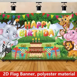 Reusable Polyester 2D Door Banner, 180cm×110cm/70.8in×43.3in, Forest Theme Cartoon Elephant Decor, Party Decoration Supplies for Birthday Cake Table Backdrop,summerwins