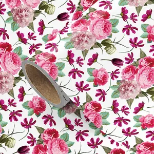 Rose Floral Gift Wrapping Paper Roll, Watercolor Peony and Tulip Print, Ideal for Weddings, DIY Crafts, 43.2cm X 300cm