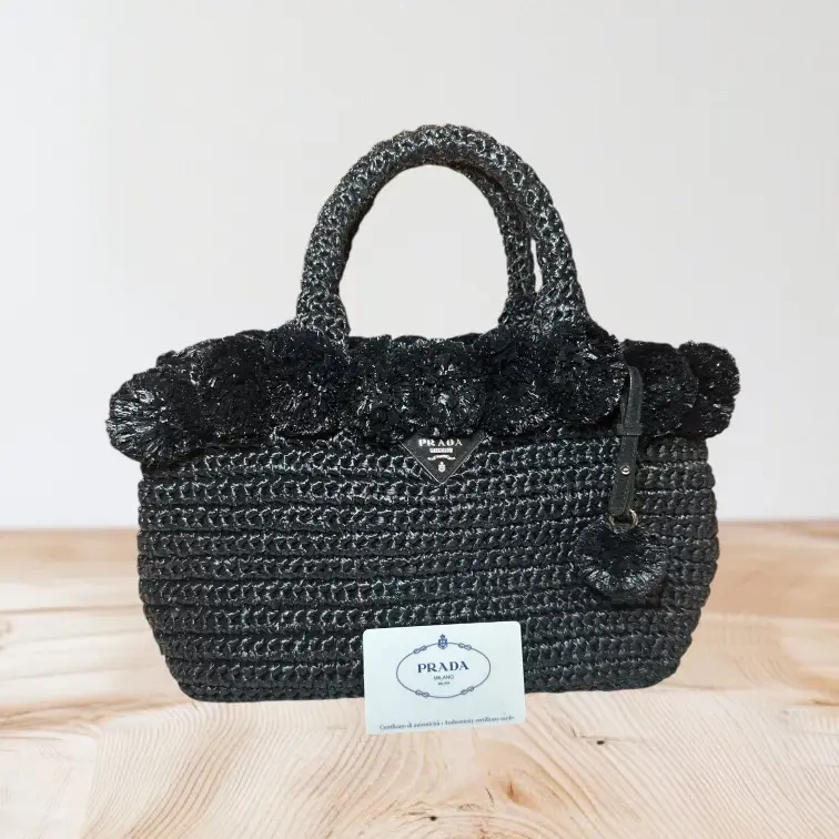 Pre-owned PRADA Raffia Tote Bags Pom Pom Black Embellished Top Handle Bag