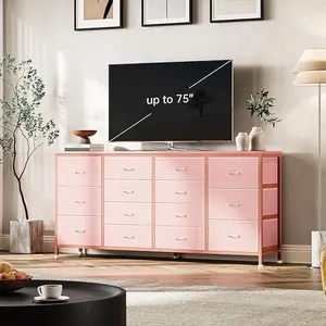 63" 14-Drawer Fabric Dresser with Power Outlet - for Bedroom & Living Room, Modern Storage Cabinet with USB Charging Station，Pink