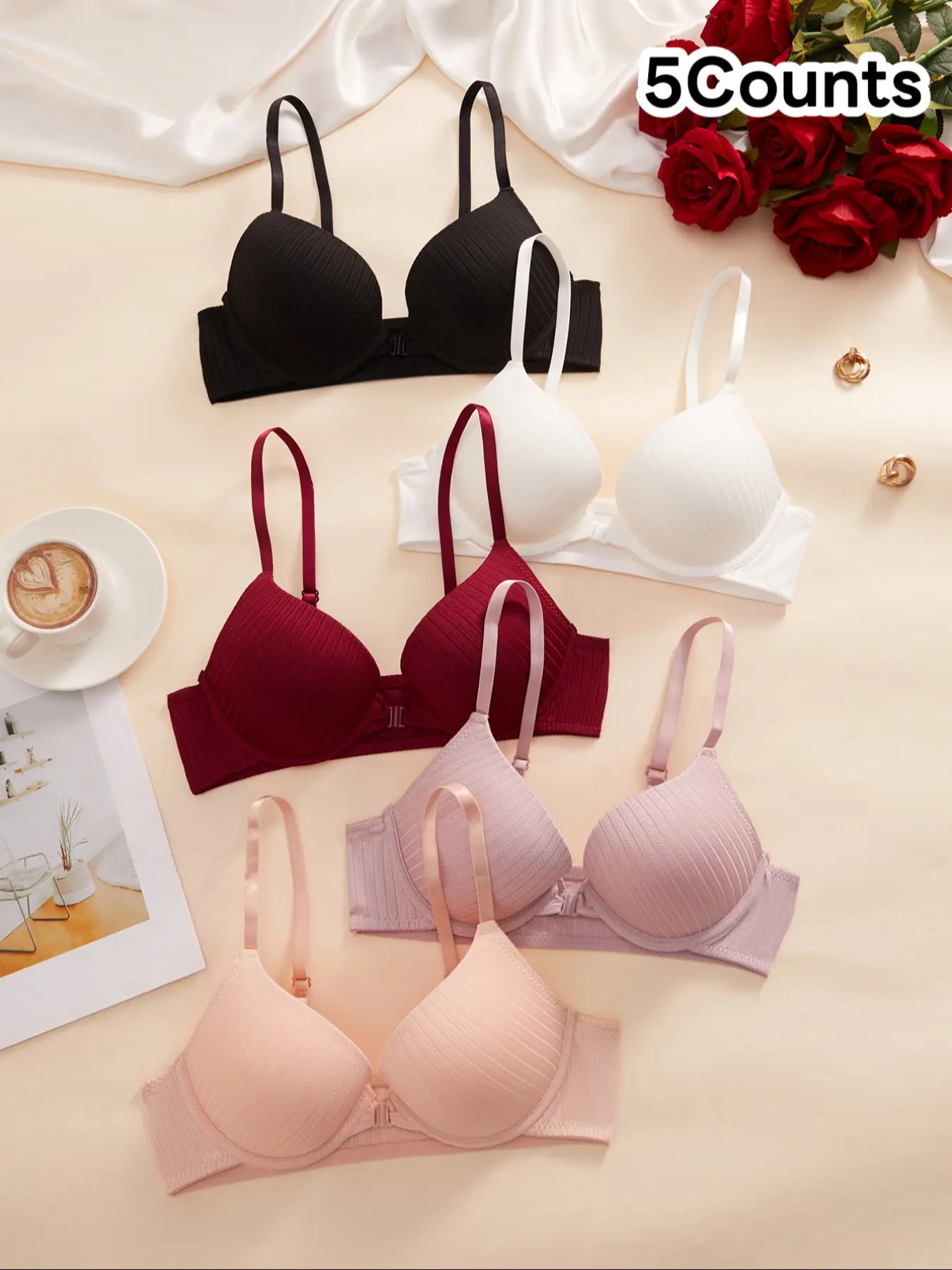 Women's 5-Pack Seamless Push-Up Striped Bra, Adjustable Straps, Comfortable Steel Ring, Front Closure, Daily Wear, Ruched Design