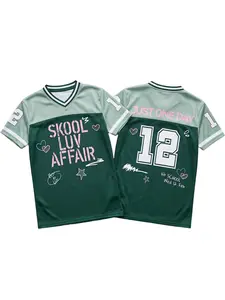 Skool Luv Affair #12 Jersey, Green Pink Color Block Mesh Tee, Breathable V-Neck, for ARMY Fans, Kpop Lovers & Y2K Preppy Streetwear Enthusiasts