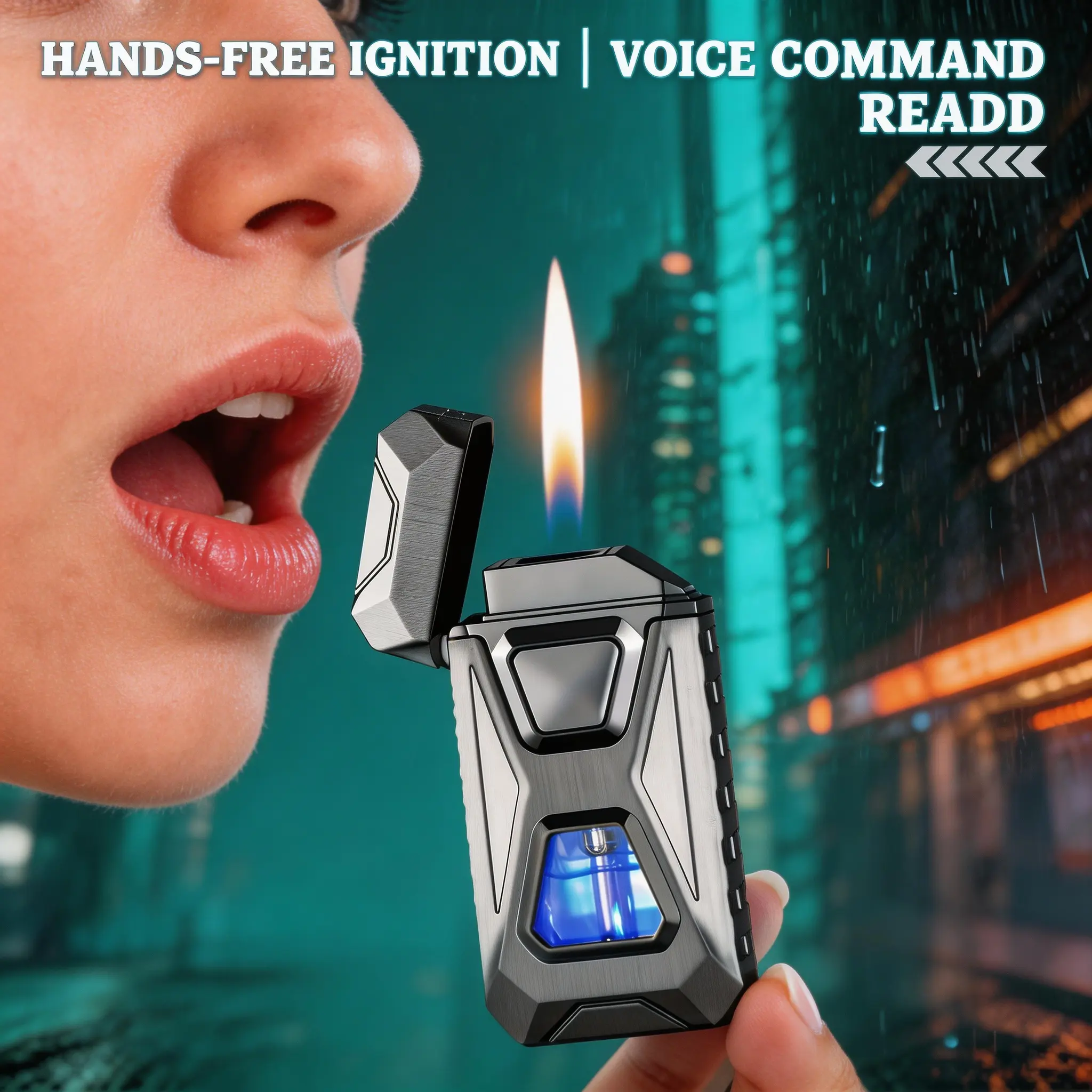 Voice-Activated Sensor Electronic Lighter, Stainless Steel Metal Body, Type-C Rechargeable, Windproof Multifunctional, Black Lighter Cover, Gift Box Packaging, Unique Gifts for Man, No Free Butane Gas