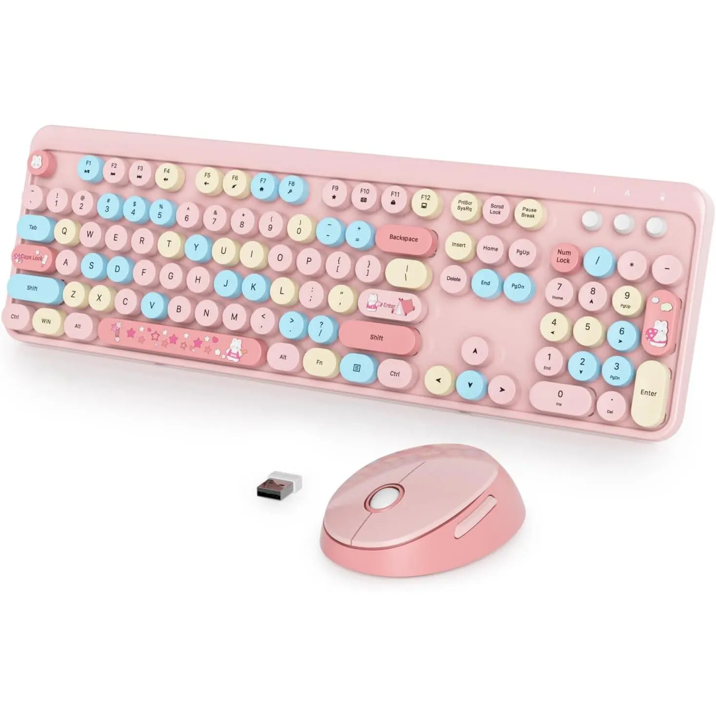 Pink Keyboard and  , Retro Typewriter Keyboard, 2.4GHz 104  Full Size Cute Keyboard with Number Pad, Pink Colorful Keyboard with Retro Round Keycaps for Windows PC Laptop
