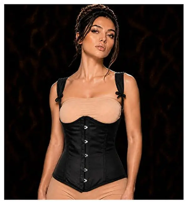 Black Satin Steel Boned Under bust corset w/ Shoulder Straps Comfort Shapewear Cotton Soft Womenswear Comfortable