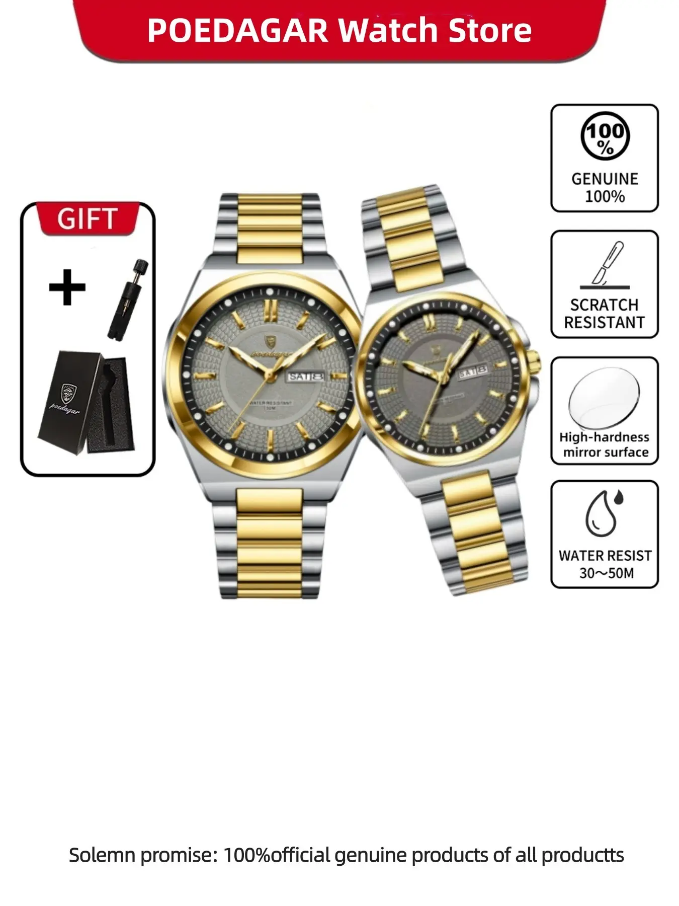 POEDAGAR Fashion Couple Watch Men's and Women's Quartz Waterproof Luminous Steel Strip Watch Couple Gift Festival Date Edition High Beauty Couple Exclusive Watch