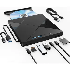 7 in 1 External CD/DVD Drive for Laptop, Portable DVD Player for Laptop with SD/TF Port, External DVD Drive with USB 3.0/Type C, CD Drive USB for PC Windows Linux
