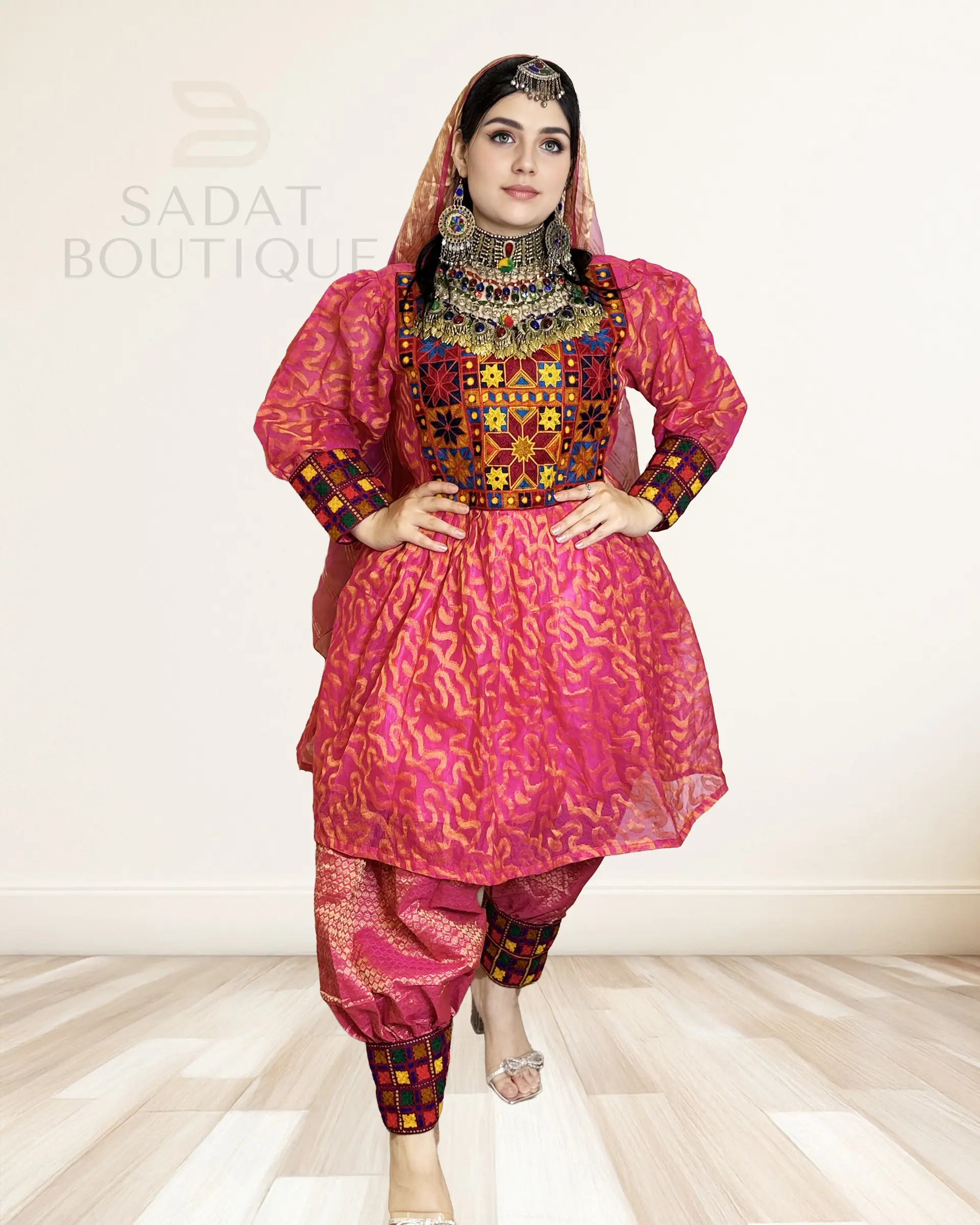 Sadat Boutique Women's Radiant Hot Pink Traditional Afghan Modern Dress - Mirror Embroidery, Organza Details, Matching Cotton Pants, Golden Elegance Accents, Costume-Inspired Accessories