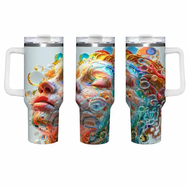 [Gift Box Included] 40oz, 20oz Multicolor Fluid Swirl Abstract Human Face Print Stainless Steel Tumbler with Handle and Straw Vacuum Insulated Travel Mug Fits Car Cup Holder Cool Gift for Psychedelic Art Lovers