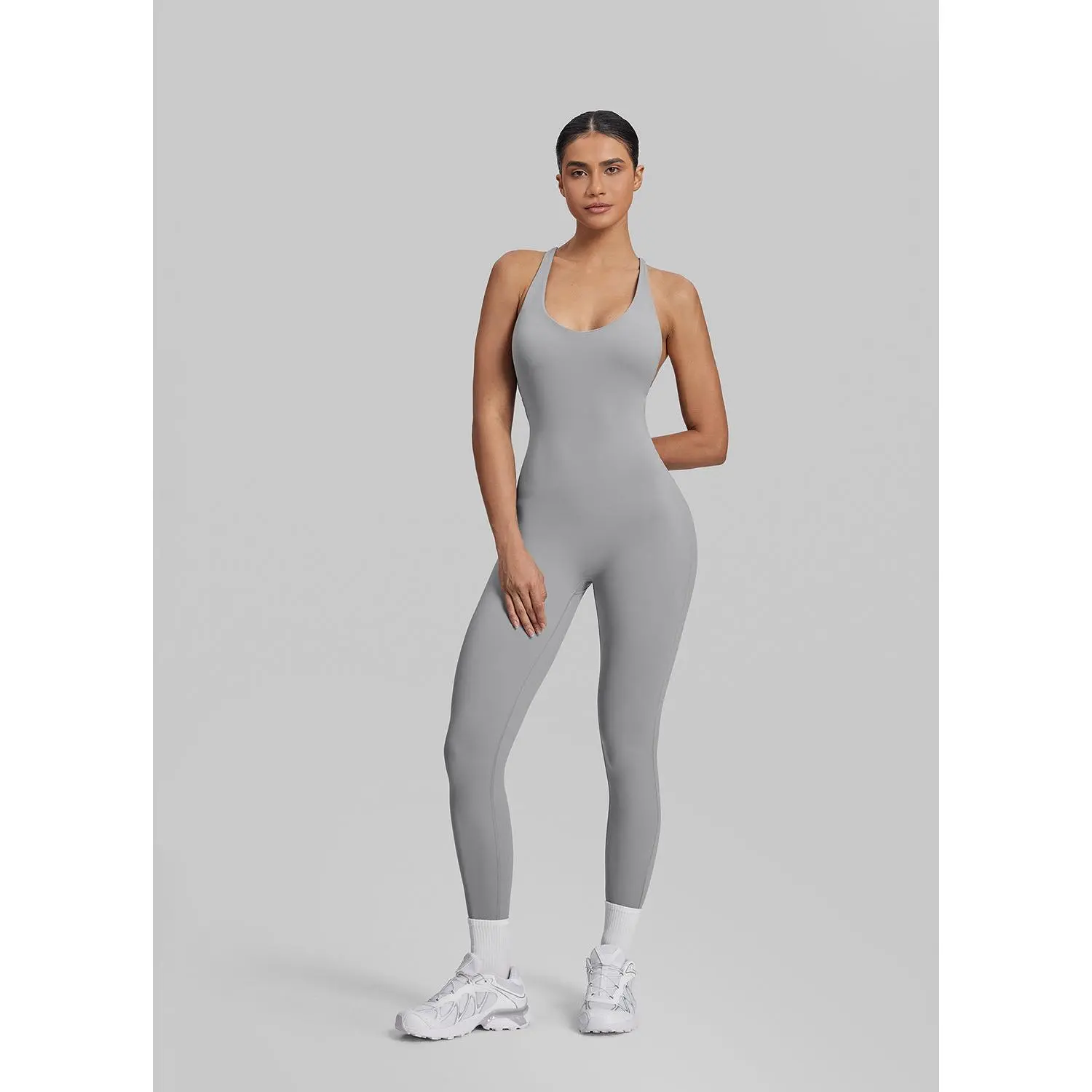 Women's Form-Fitting Full-Length Crossback Built-In Bra Bodysuit - Gym Girl Collection, Sweat-Wicking, Breathable Activewear Fitness, Athletic Training Apparel, Leotard Jumpsuit, Lift-Enhancing, Long Backless, Workout Gym Clothing, Fitness Sport Outfits,,