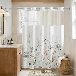 Double Layer Shower Curtain, Watercolor Floral, Waterproof, No Hooks, Easy Install, Rustic Style, Hotel, Dorm, Home Decor
