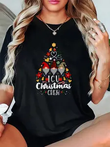 100% Cotton Unisex Christmas NICU Crew Nurse Doctor Tech Neonatal ICU Squad T-Shirt，Autumn Women's T-shirt Christmas Happy Letter Snowflake Fun Pattern