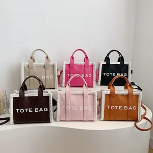 Elegant letter pattern handbag, fashionable fuzzy decoration shoulder bag, fashionable work and daily use handbag, suitable for women