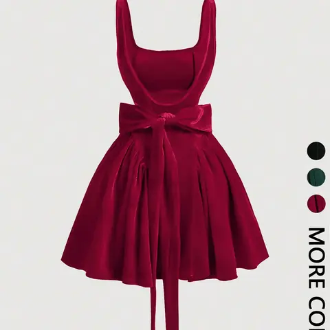 Women's Vintage Velvet Sleeveless Dress, Solid Color Square Neck Short A-Line Dress with Waist Bow, Casual Wear for Special Occasions