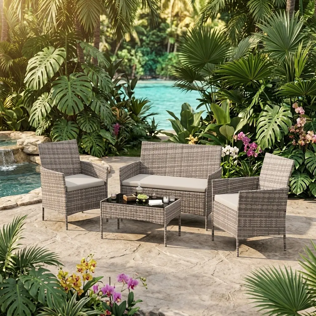 4-Piece PE Rattan Outdoor Furniture Set - Waterproof Square Wicker Chairs with Washable Soft Cushions, 6mm Tempered Glass Coffee Table, Ultra-Resistant All-Weather Set for Sunrooms, Garden