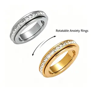 Rotatable Anxiety Rings with Cz Gemstone for Women and Men, Titanium Steel Spinner Fidget Band Rings with Cubic Zirconia, Comfort Unisex Stress Relief Fidget Toy, Fit Size 6 to 9