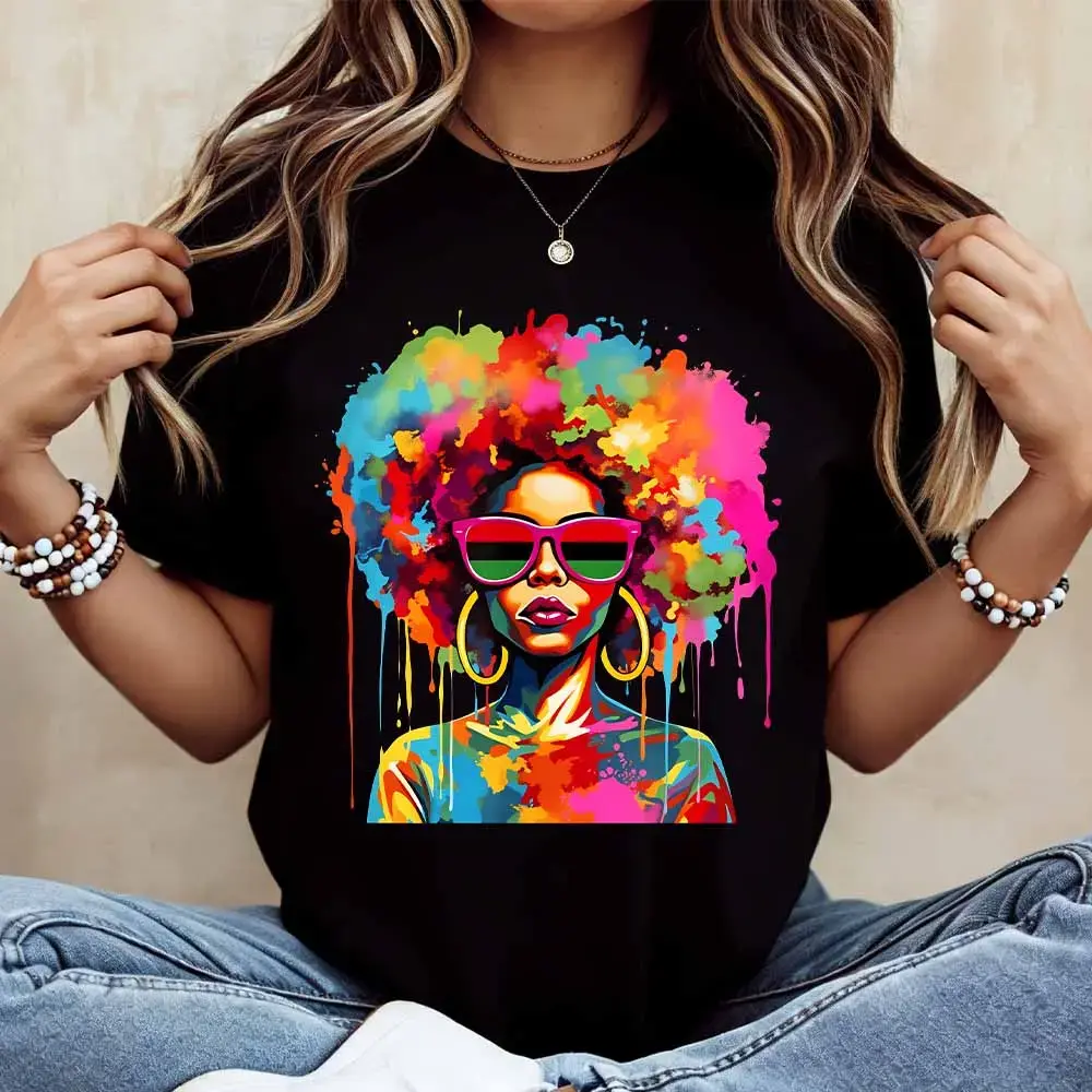 Women's Casual Afro Graphic Print T-Shirt, Comfortable Crew Neck Top with Short Sleeves, Loose Fit for Summer Everyday Wear, Soft Cotton, Style, Shortsleeve, Lady