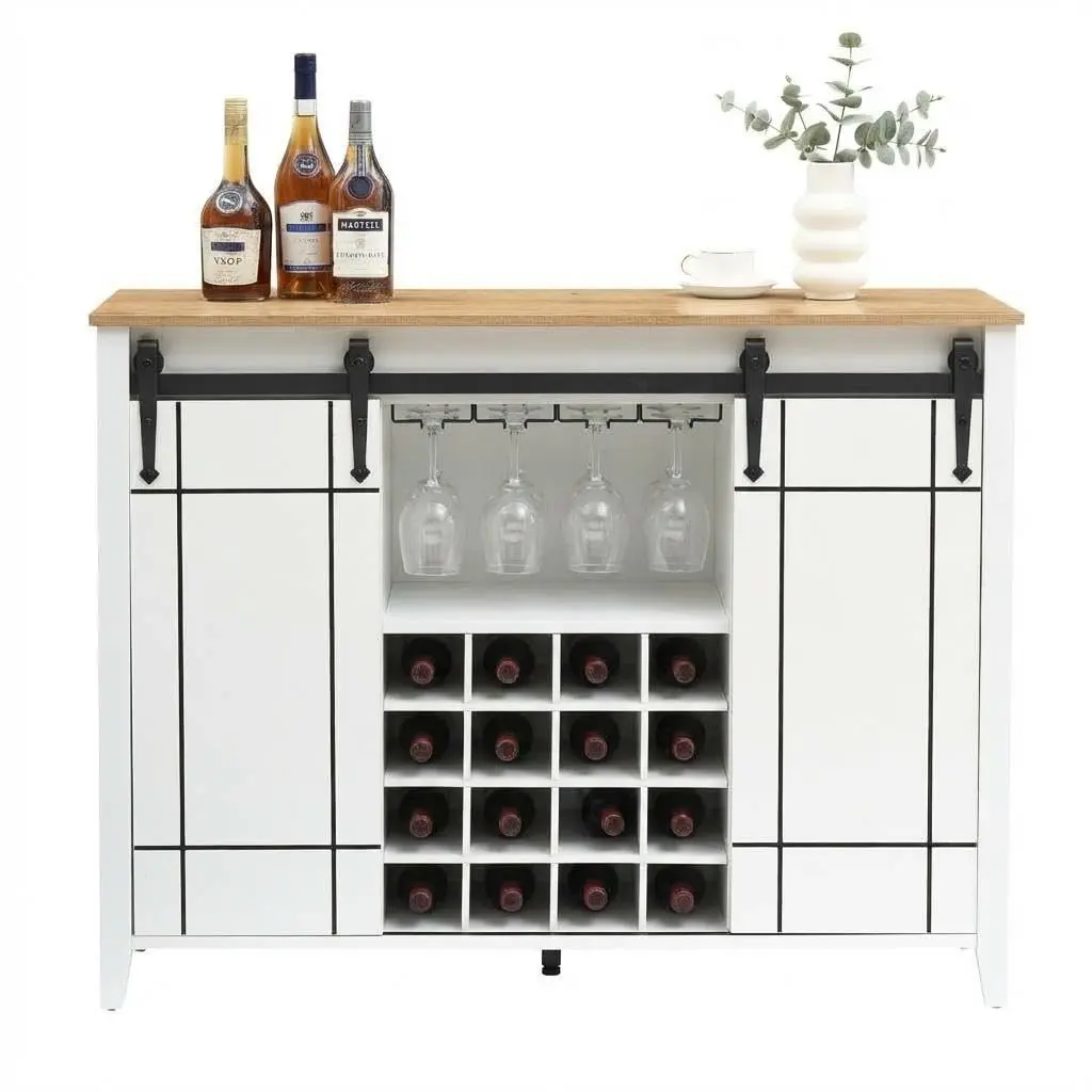 47" Fluted Wine Bar Cabinet with Wine Rack and Glass Holder, Modern Liquor & Whiskey Coffee Station with Adjustable Shelves for Living Room, Kitchen, Entryway,Home