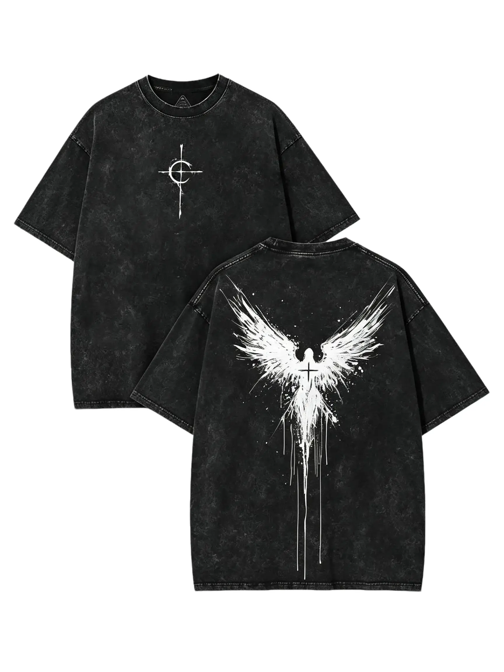 Vintage Washed Black Angel Wing Tee, Gothic Graphic T Shirt, Heavyweight Oversized Streetwear Shirt, Dark Aesthetic Y2K Fashion Top, Retro Grunge Style Casual Short Sleeve Tee