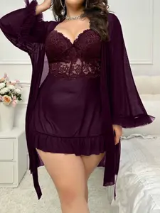 Elegant Plus Size Sleepwear Loungewear Set, Chic Mesh Lace Butterfly Knot Camisole + Wide Sleeve Robe, Comfortable Home for Women
