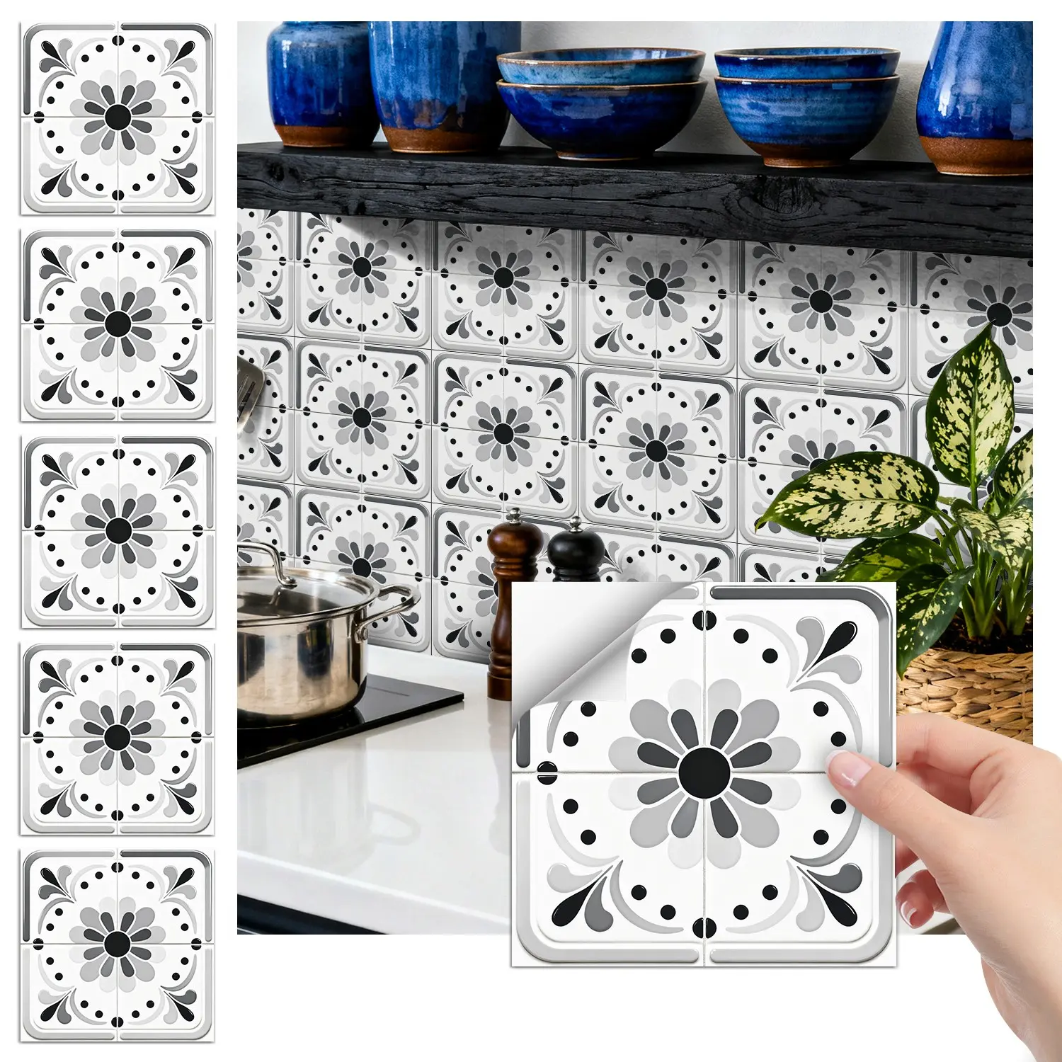 24PCS FHZ Gray-Black-White Daisy Geometric Mosaic Retro Tile Stickers | PET Matte Peel & Stick Backsplash | Waterproof Oil-Proof Decor for Home & Office
