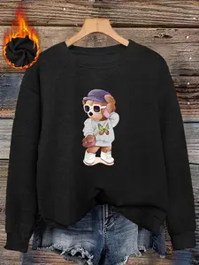 Women's Bear Print Faux Fur Sweater, Casual Long Sleeve Round Neck Top, Warm and Soft, Street Style, Fall & Winter Fashion