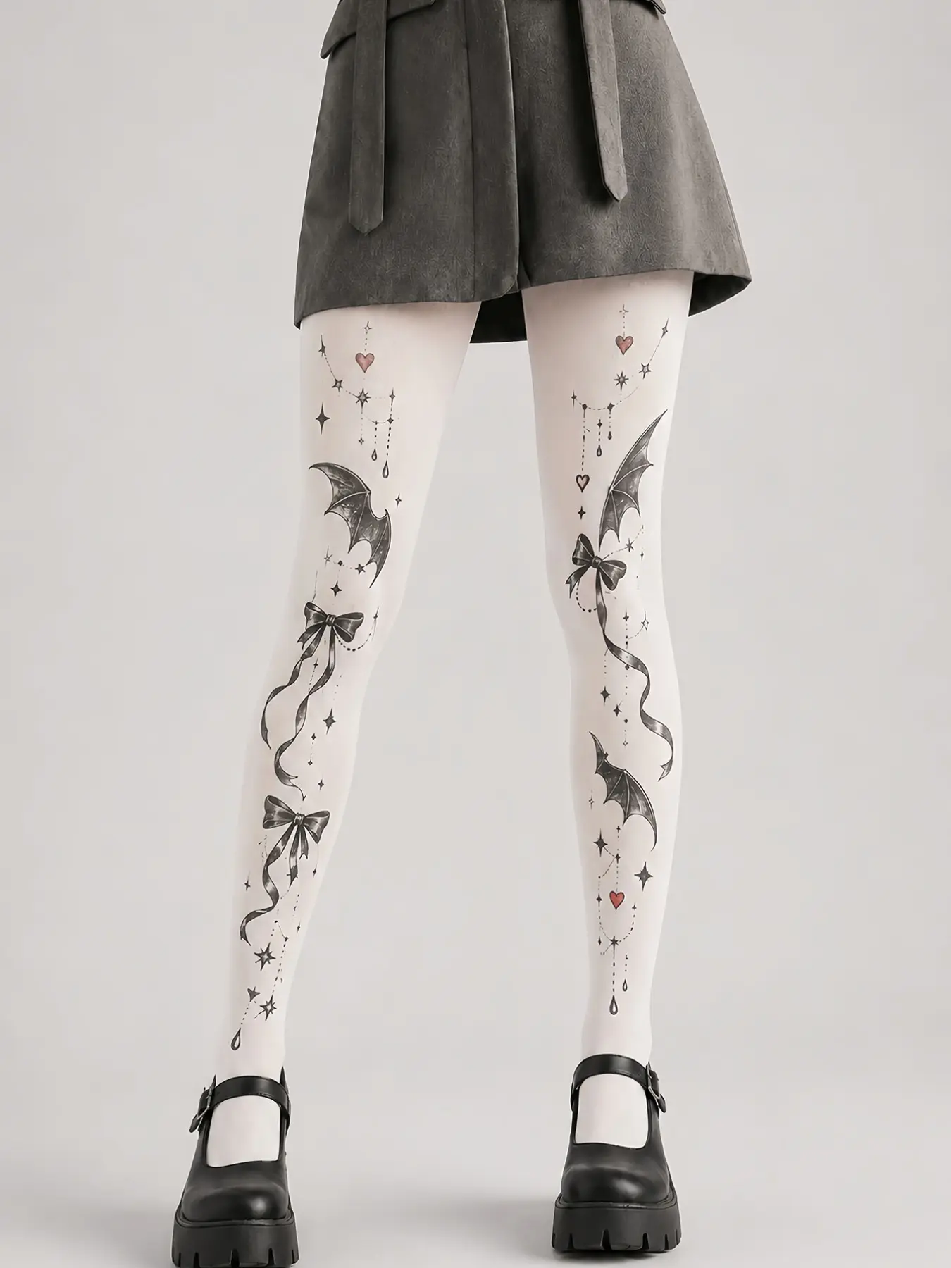Women's Printed Pantyhose, Gothic Bat Wing Bow & Star Graphic Tights, High Waist Slim-Fit Stockings for Spring & Fall Fashion