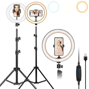 10 Inch Vlogging LED Ring light Ringlight Circle Light With 43in/110Cm Flexible Tripod Stand Phone Holder For Photo Selfie Video Recording Zoom Meeting Makeup vlog Live Stream Video Calls Vlogging Instagram TikTok dual