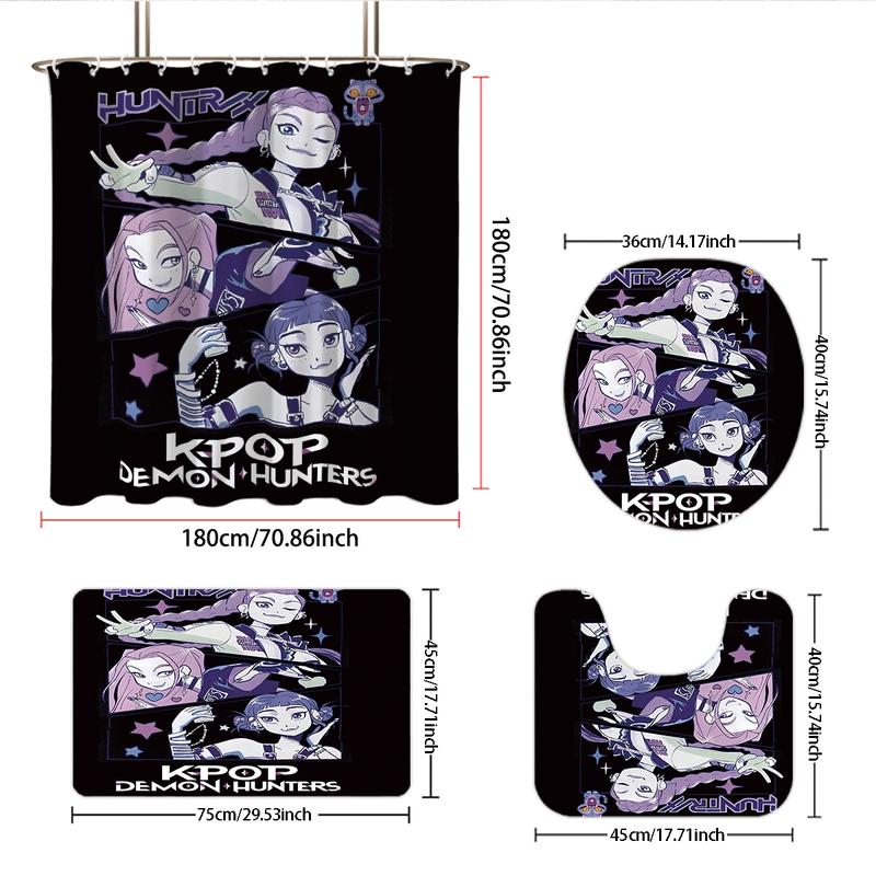 4pcs K-POP Demon Hunters Bathroom Set, Shower Curtain Sets, Shower Curtain with Hooks, Non-Slip Bath Rug, U-Shaped Toilet Mat, Toilet Lid Cover, Bathroom Decoration Accessories