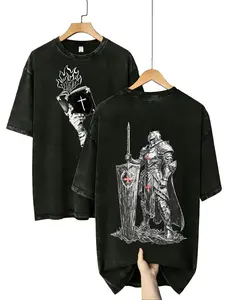 Knight Templar & Bible Flame Washed T-Shirt, Christian Apparel Tee, Religious Streetwear, Cross Graphic Tees, Gym Pump Cover Casual Round Neck