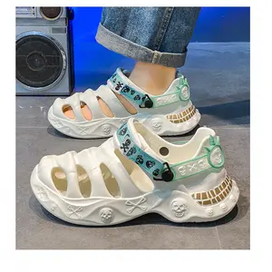 Men's Halloween Skull Print Two-Way Clogs Sandals, Punk Style EVA Breathable Non-Slip Summer Outdoor Beach Shoes Boy Footwear Slipper Fashion Footwear
