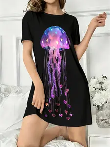 Women's Round Neck Short Sleeve Sleepwear Loungewear, Colorful Dreamy Jellyfish Front Back Print, Casual Home Clothing, All Seasons