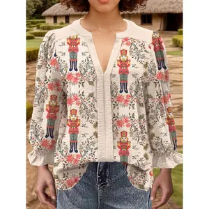 Vintage Christmas Style Women's V-neck Long-sleeve Bohemian Blouse with Festive Nutcracker Prints for Winter Outfits & Holiday Gift Boho Fitted Top Shirts Piece Traditional Vneck Womenswear