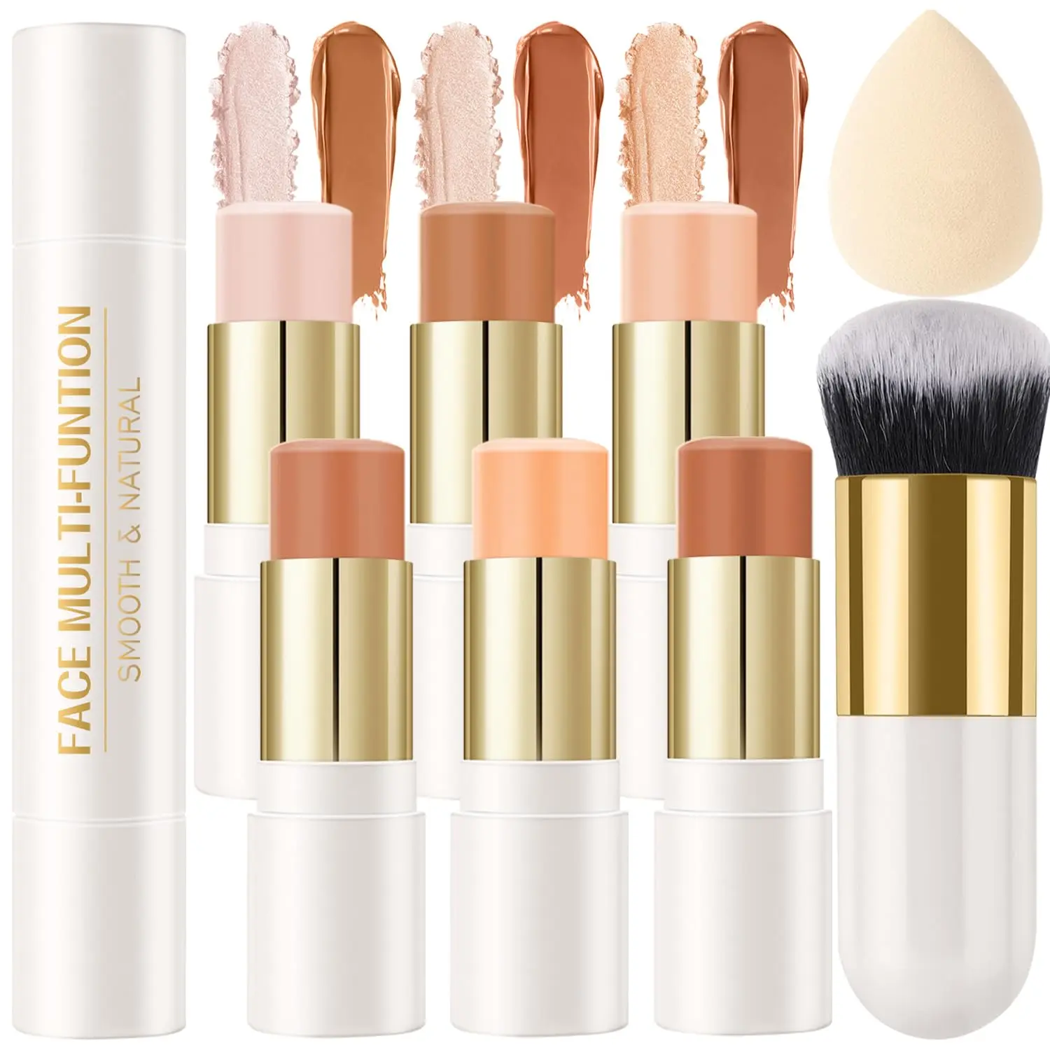 Fragrance-Free 6-Piece Cream Contour Stick Kit with Highlighter & Blush - Waterproof, Smooth Blending, Color Correction, Face Shaping, All Skin Tones, Beginner-Friendly, Christmas & Birthday Gift for Friends, None Irritants, Family-Approved