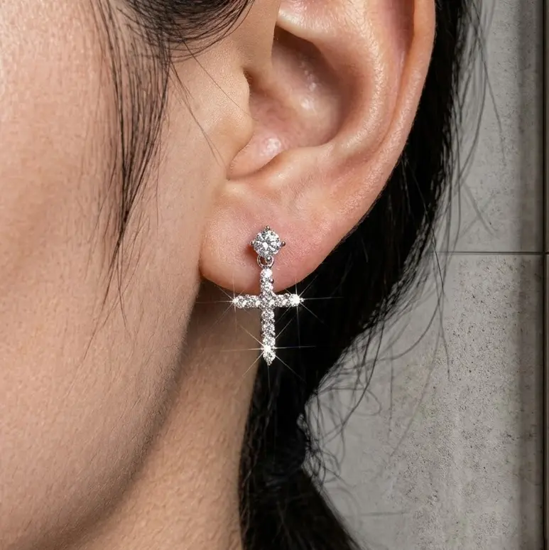 Iced Out Cross Dangle Earrings, Unisex White Gold Plated Studs with Hypoallergenic 925 Sterling Silver Post, Birthday Anniversary Engagement Gift, Father's Day, Men's Hoop Earrings, Adults, Cubic Zirconia, Cross Hoop Earrings