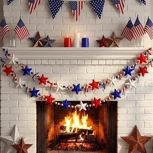 4th of July Garland Decorations Memorial Day Decor for Wall Mantle Fireplace Shelf Wall Patriotic Wooden Beads Banner with Velvet Stars White Red Blue Beaded Decor Easter Bunny Garland for Easter Decor, Rustic Rabbits Hanging Banner Party Supplies & Gifts