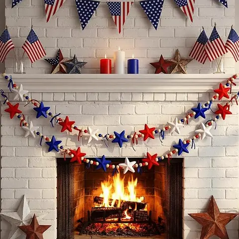 Summer Velvet Star Patriotic Felt Garland with Wooden Beads - America Red White and Blue Banner for Mantle, Fireplace, Wall Decorating, Memorial Day Holiday Festive Use, Easter Bunny Front Door Porch Yard Accent (Shamrocks Themed Home Decor)