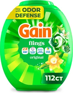 Gain Flings Liquid Detergent Pods, Now with Odor Defense + Color Guard, Original Scent,  Liquid Laundry Detergent Pacs, & Fresh, 112 Count (Packaging May Vary)