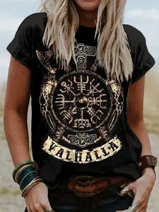 Women's Tribal Viking Totem Print T-Shirt - Soft Stretch Norse Graphic Tee with Viking, Spear & Rune Designs - Casual Short Sleeve Top for Norse Festival Outfits (S-XXL) |   Machine Washable Viking Apparel