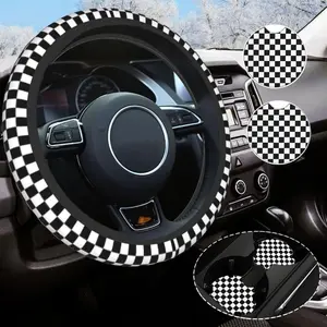 Checkered Steering Wheel Cover, Universal 14.5-15 Inches, Non - Slip, Black and White, Car Accessory for Men and Women