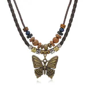 Boho Necklace for Women, Vintage Butterfly Necklace Adjustable Wooden Beads Layered Braided Necklace Fashion Tribal Style Leather Rope Necklace Jewelry