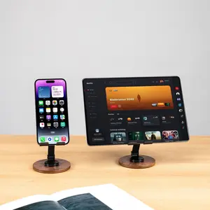Walnut Wood Phone Stand, Desktop Metal Rotating Lazy Universal Tablet Holder, Foldable Portable Live Streaming Rack